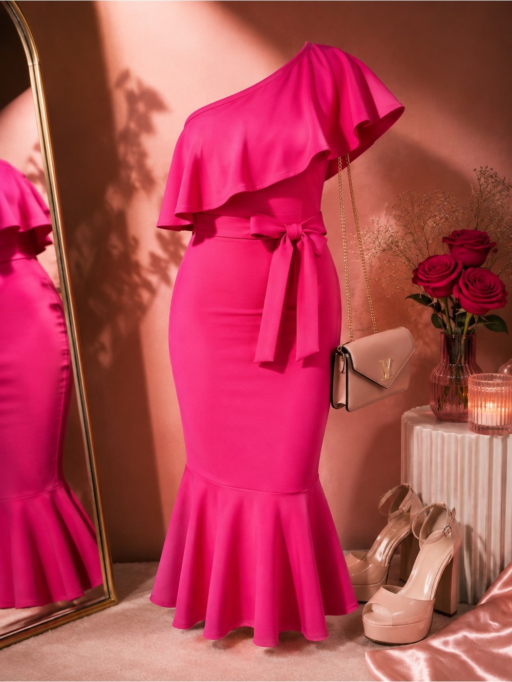 Women’s One-Shoulder Ruffle Midi Dress in Hot Pink